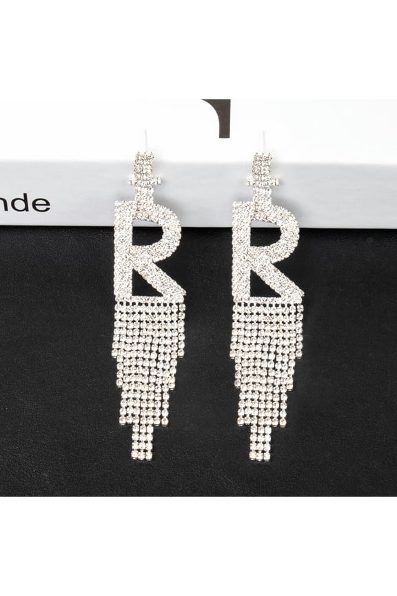 Women's 925 Silver Needle Rhinestone Letter Earrings Banquet Tassel Earrings-R-Gold