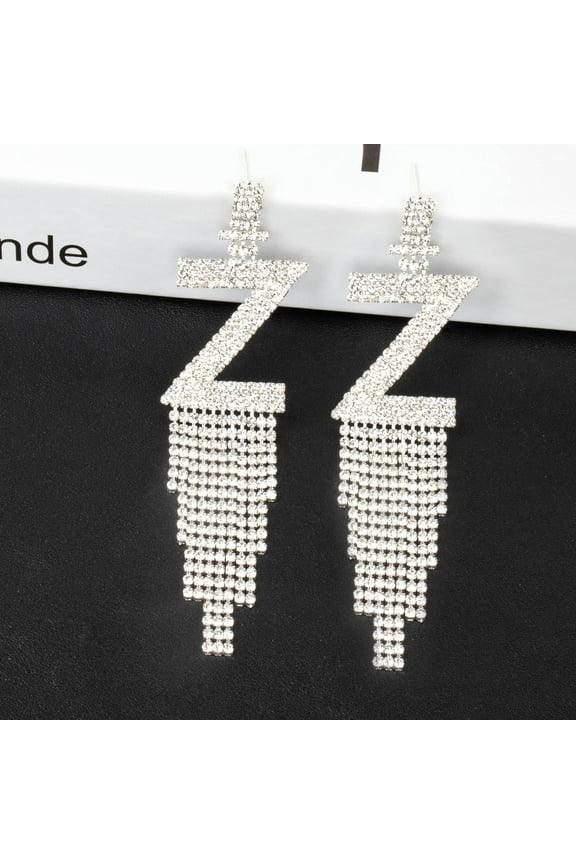 Women's 925 Silver Needle Rhinestone Letter Earrings Banquet Tassel Earrings-Z-Silver