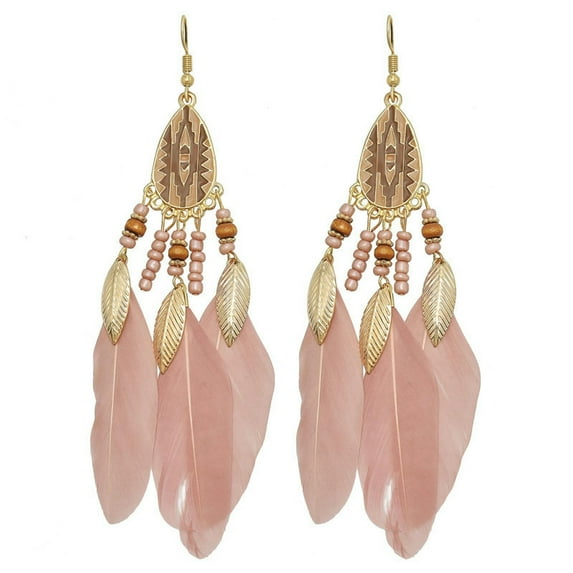 HOOUN Women's Bohemian Feather Earrings S925 Silver Hook Vintage Tassel Earrings-#2052 Pink