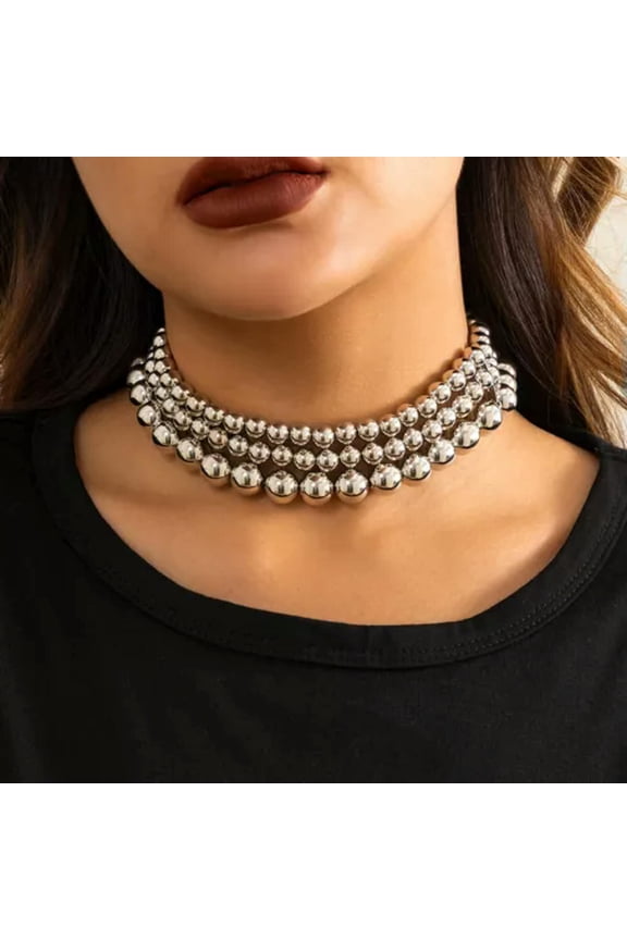 Women's Fashion Gold Or Silver Multilayer Ball Choker Boho Necklace-Silver