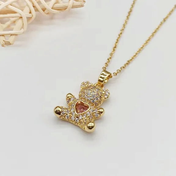 HOOUN Women's Fashion Gold or Silver Teddy Bear Pink Heart Cubic Zircon Necklace-Gold