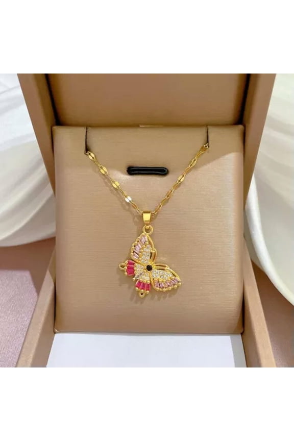Women's Fashion Jewelry Cubic Zircon Gold & Pink Butterfly Pendant Necklace