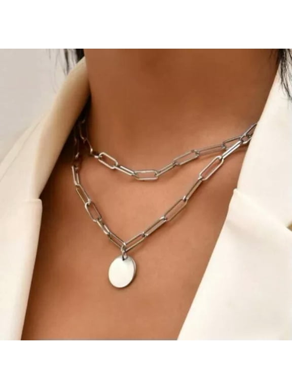 Women's Jewelry Stainless Steel Chunky Chain Choker Circle Pendant Necklace-Silver