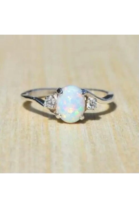 Women's White Moonstone Ring Bohemia Jewelry Wedding Engagement Party Ring Gifts-7-03# Oval Opal Ring