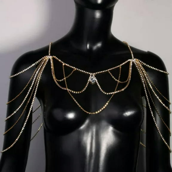 HOOUN Womens Bridal Rhinestone Sparkly Shoulder Chain Lady Chest Harness Jewelry Gold-Gold