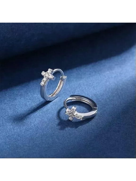 Womens Silver CZ Cross Huggie Hoop Earrings Dainty Trendy Jewelry Surgical Steel