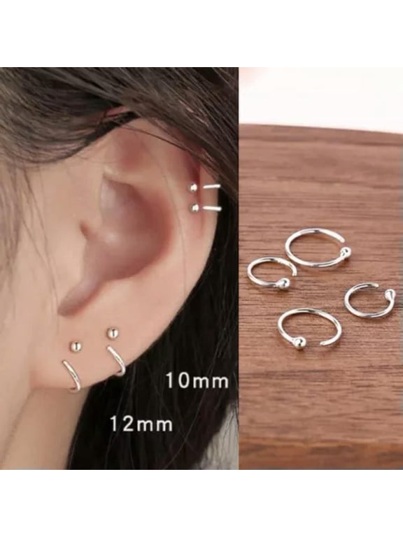 Womens Surgical Steel Sleeper Tiny Round Huggie Hoop Earrings Fashion Jewelry-Style 2- Ball (Silver)-10mm