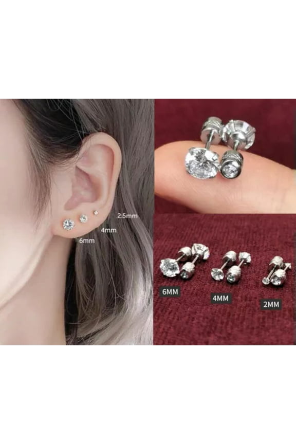 Womens Silver Round CZ Stone Stud Earrings Screw Back 316L Surgical Steel 2-6mm-4mm