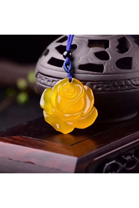 Yellow Agate Pendant Necklace Carved Rose Charm Pendant