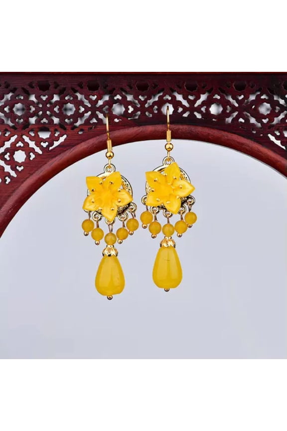 Yellow Jade Flower Earrings Jewelry 925 Silver Gift Amulet Women Natural