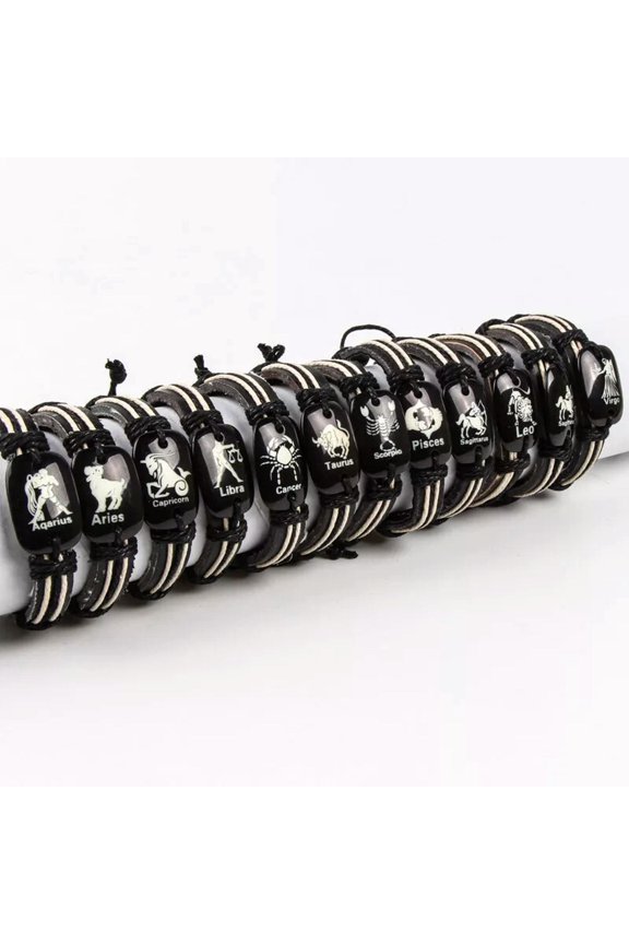 bracelets wholesale 12pcs leather bone Charm Constellations Zodiac Cuff Bangle