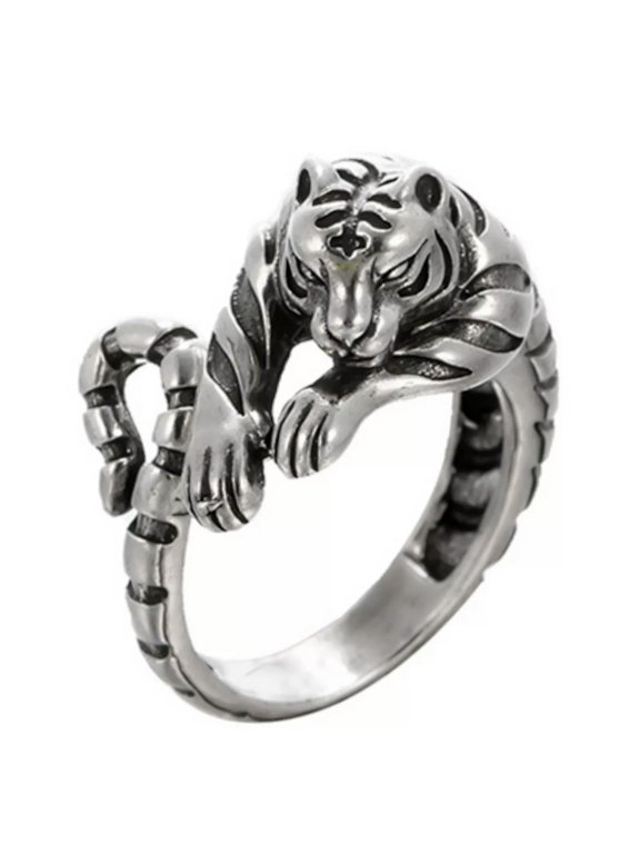 mens stainless steel sleeping tiger Open Ring Personalized Vintage gift