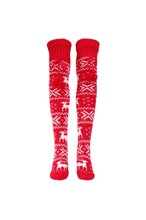 Womens Overknee Knitted Socks, Red Acrylic, Warm Cozy 1 Pair for Winter and Everyday Wear