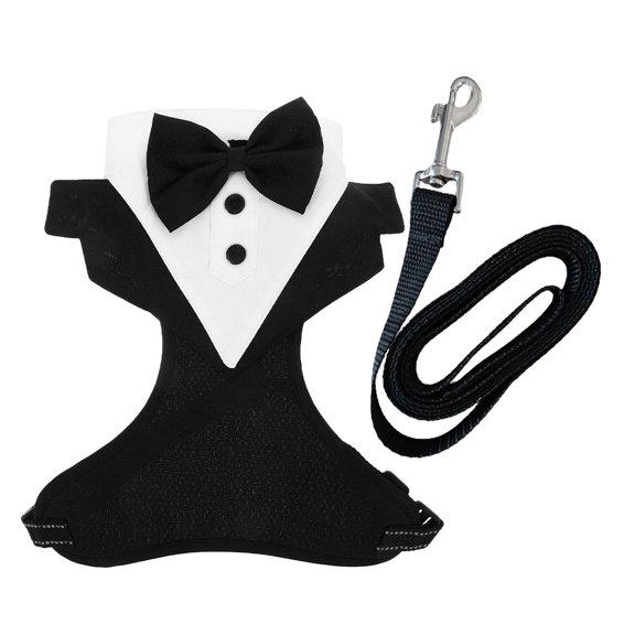 HOOWIFFY 1Set Comfortable Black Tuxedo Dog Vest with Leash for Outdoor Walks