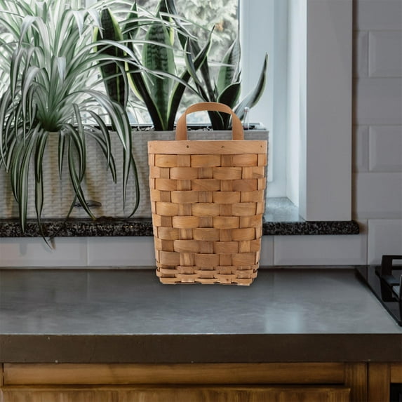HOOWIFFY Coffee Wood Woven Storage Basket Wall Mounted for Nordic Style Home