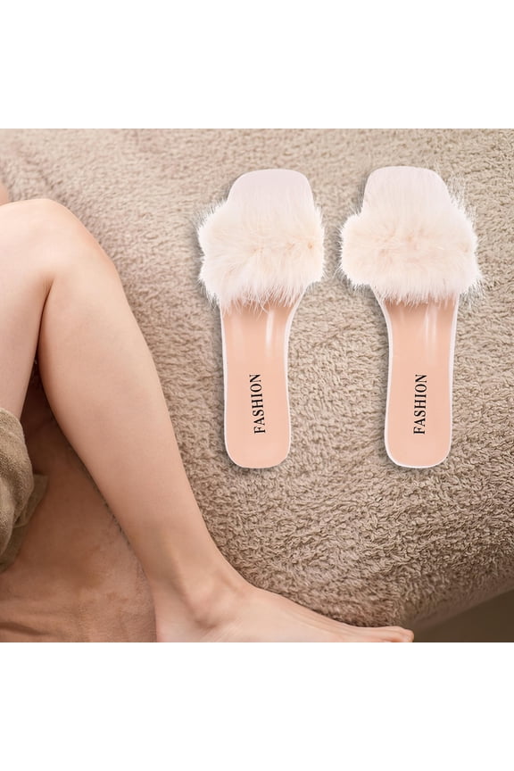 1Pair Wool Studded Slippers Beige PU Rubber Chunky Heel Open Toe Casual Sandals