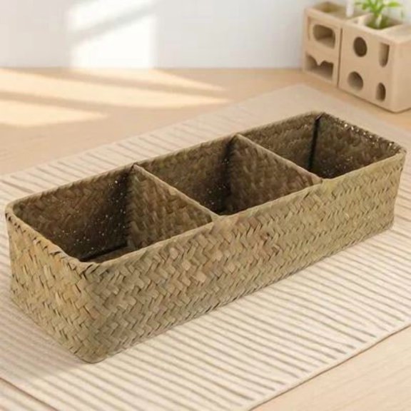 HOOWIFFY 1Pc Woven Desktop Storage Box Brown with Elegant 3 Compartment Design