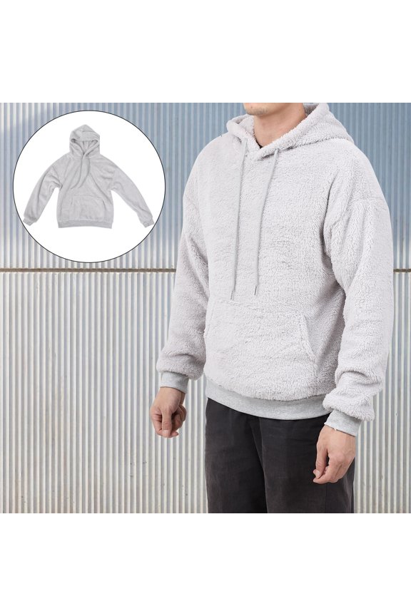 1Pc Grey Man Hoodie Plush Pullover with Hat Warm Casual Autumn Winter Sweatshirt