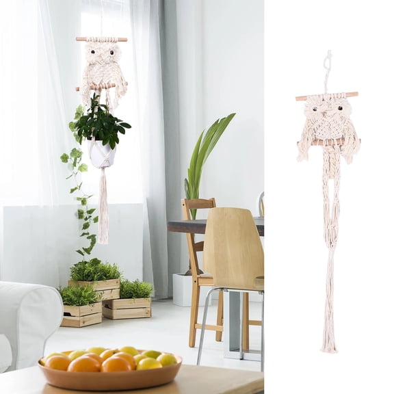 HOOWIFFY Beige Cotton Macrame Plant Hanger with Polished Wooden Rod, Decorative Flowerpot Holder for Home Decor