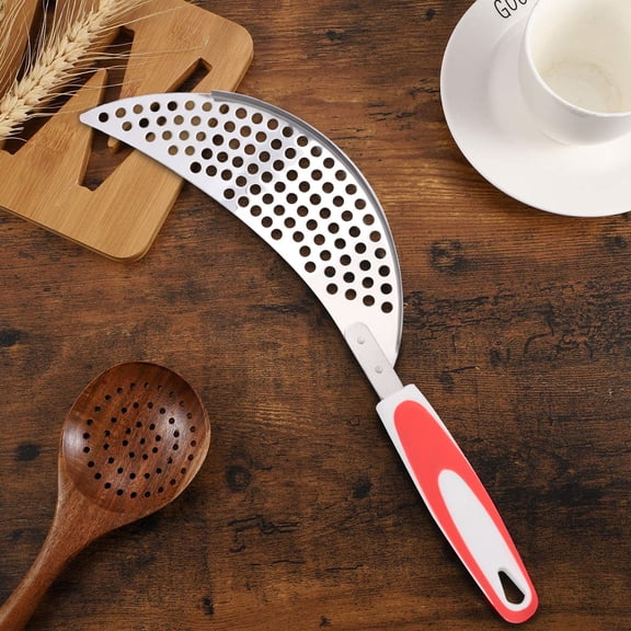 HOOWIFFY 1Pc Orange Pan Strainer Stainless Steel Pot Drainer with Hanging Hole and Plastic Handle