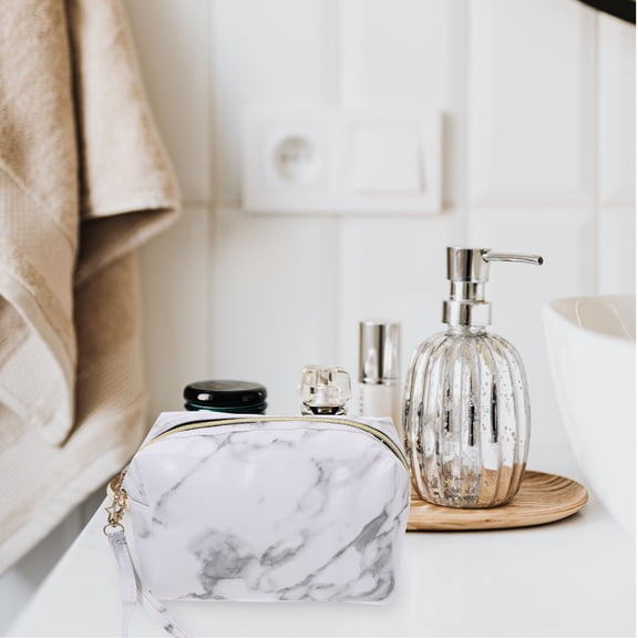 HOOWIFFY 1Pc Portable White Cosmetic Bag Marble Pattern Makeup Storage for Outdoor Activities
