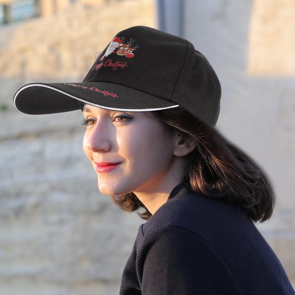 HOOWIFFY 1-Piece Black Cotton Baseball Cap with Santa Claus Pattern, Adjustable Holiday Dad Hat for Outdoor Travel Activities