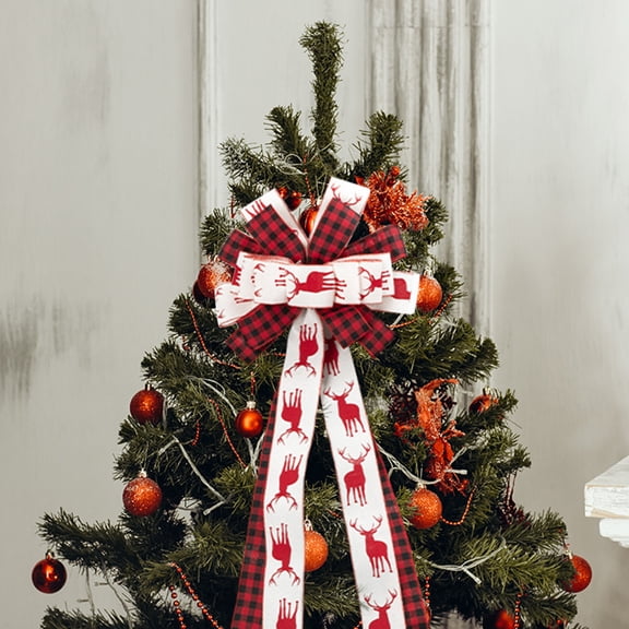 HOOWIFFY Multi-Color Plaid Jute Bow Tree Topper with Wire Frame for Christmas Holiday Decoration
