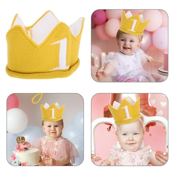 HOOWIFFY 1Pcs Yellow Wool Crown First Birthday Crown Infant Photography Prop for 1 Year Old