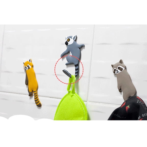 HOOWIFFY 1Set Hanging Hooks Adhesive Wall Raccoon Shape PVC Cartoon Animal Design Material