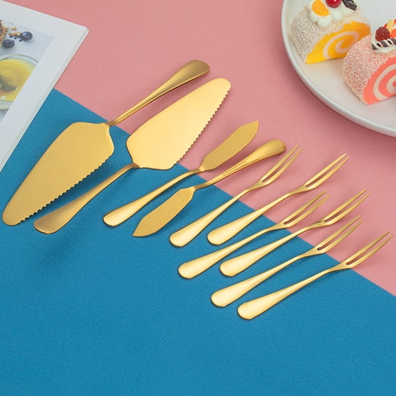 HOOWIFFY Golden Stainless Steel Cake Shovel Fruit Fork Pizza Cutter Set 1Set