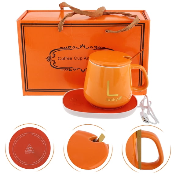 HOOWIFFY 1Set Orange Ceramic Coffee Mug with Electric Heating Cup Warmer and Practical Design