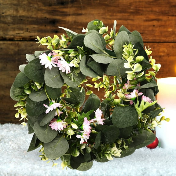 HOOWIFFY 1Set Pink Eucalyptus Leaf Wreath Silk Cloth Pe Spring Decoration Front Door Decor 11.8in