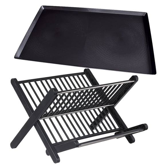 HOOWIFFY 1Set Black Folding Dish Rack with Drainage Design for Kitchen Counter Use