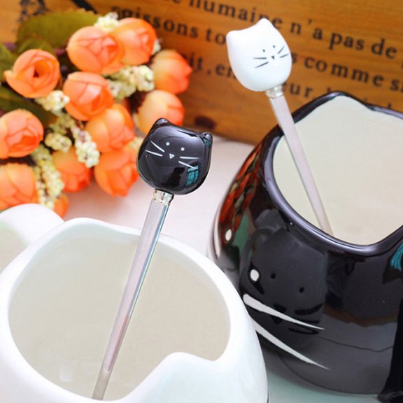 HOOWIFFY 2 Pcs Cat Face Small Dessert Forks Ceramic and Stainless Steel