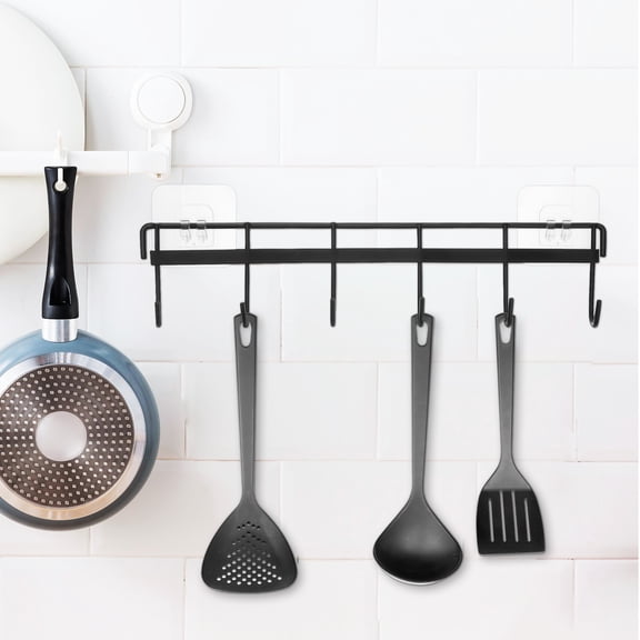 HOOWIFFY 2Pcs Metal Kitchen Rail with Hooks Black No Drill Wall Mount Cooking Utensil Storage Rack