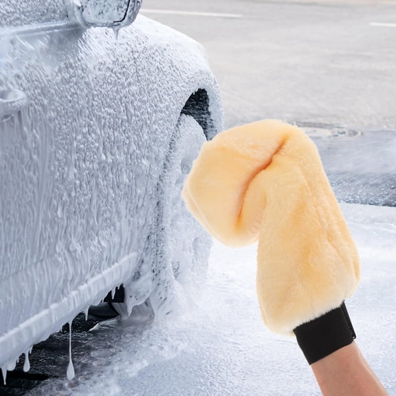 HOOWIFFY 2Pcs Yellow Wool Plush Car Detailing Mitts for Easy Washing and Polishing Vehicles