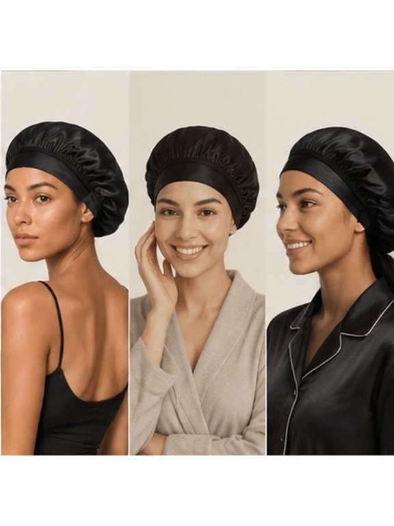 3Pcs Black Satin Night Sleep Cap, Stretchy Elastic Band, Protective Hair Cap for Bedtime