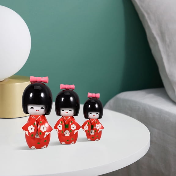 HOOWIFFY 3Pcs Red Japanese Wooden Dolls with Traditional Kimono for Desktop Home Decoration