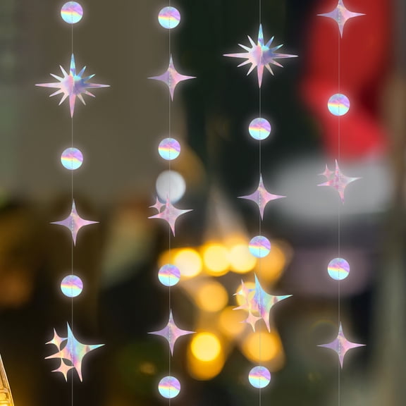 HOOWIFFY 4Pcs Iridescent Decor Paper Star Circle Dot Hanging Decorations For Birthday Weddings Holiday Celebrations
