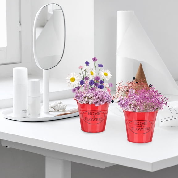 HOOWIFFY 4Pcs Red Rustic Flower Jugs Iron Vase for Dried Flowers with Sturdy Handle Farmhouse Decor