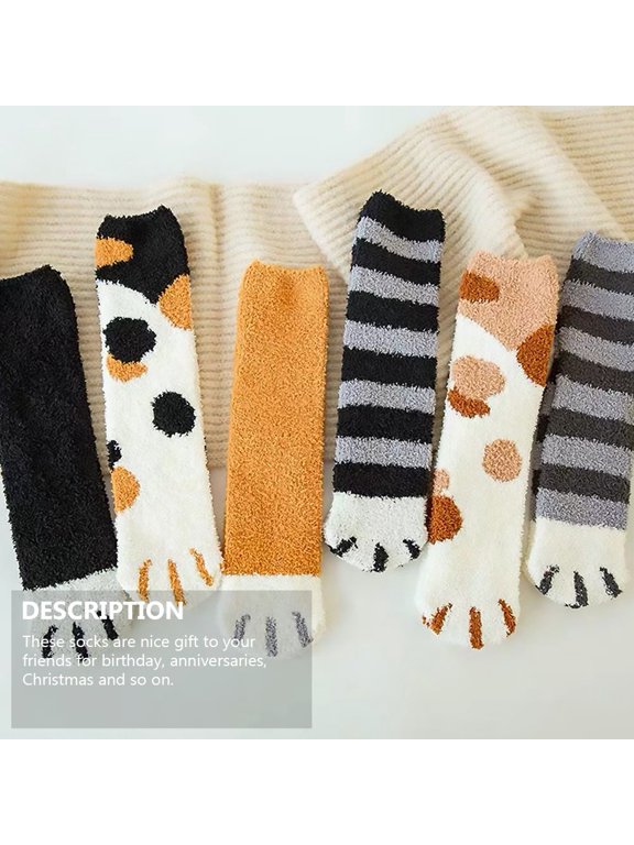 6 Pairs Coral Fleece Socks, Soft Warm Cat Paw Pattern Winter Stockings for Bed, Sleep and Lounging, Home Wear