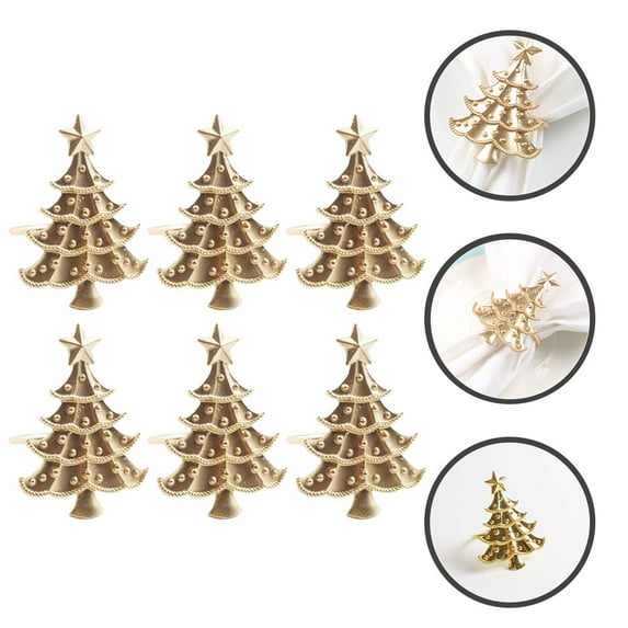 HOOWIFFY 6Pcs Festival Napkin Rings Alloy Golden Christmas Tree Shape for Banquet