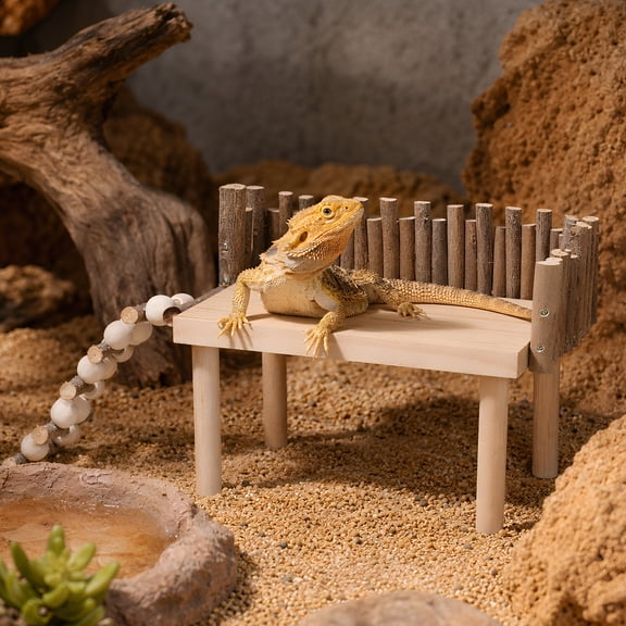 HOOWIFFY Bearded Dragon Cave Hide and Basking Platform with Real Wood Surface for Reptile Terrarium Decor