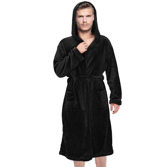 HOOWIFFY Black Mens Hooded Bathrobe Lightweight Polyester Robe with Stylish Modern Design