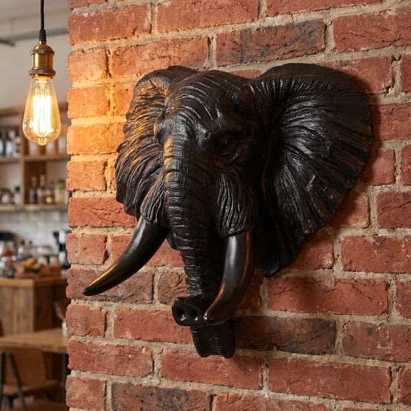 HOOWIFFY Black Resin Artificial Elephant Head Wall Decor Large African Wall Sculpture for Home