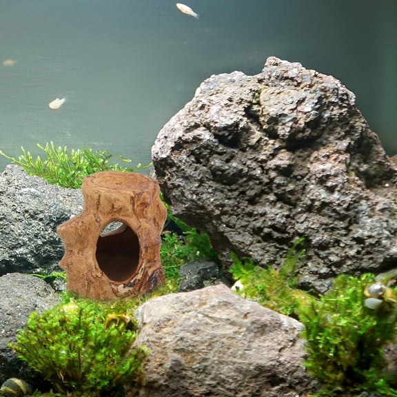 HOOWIFFY Brown Ceramic Aquarium Log Cave for Fish Tank Decoration and Shrimp Shelter