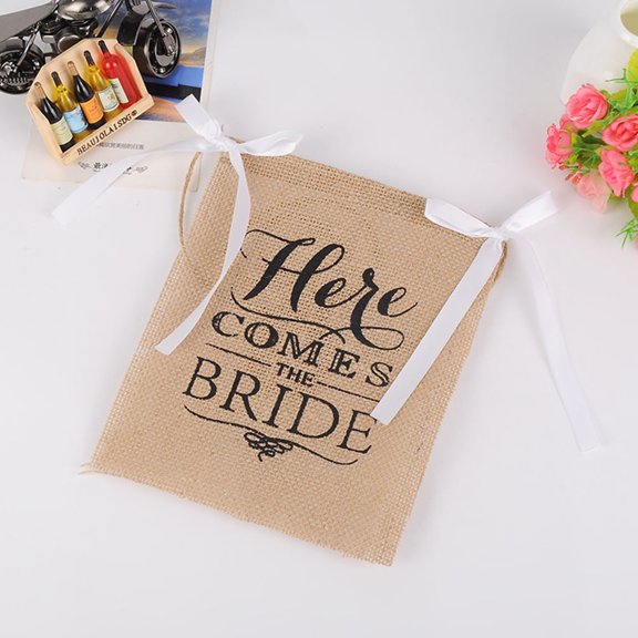 HOOWIFFY Burlap Flag Sign Here Comes The Bride with Ivory Ribbon for Wedding Reception Decoration