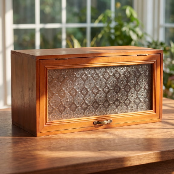 HOOWIFFY Chocolate Wood Tabletop Cabinet with Glass Window Flip Lid Decorative Desktop Storage Box