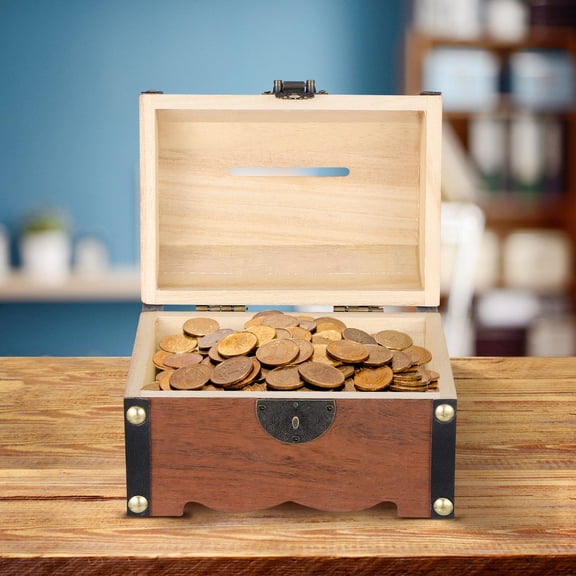 HOOWIFFY Dark Brown Wooden Treasure Chest Box with Lock Vintage Decorative Wood Storage Trunk for Money and Jewelry