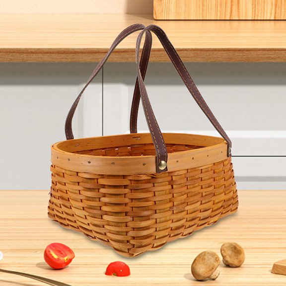 HOOWIFFY Handwoven Brown Wooden Picnic Basket for Fruit Picking, Vegetable Carrying, Outdoor Storage and Travel